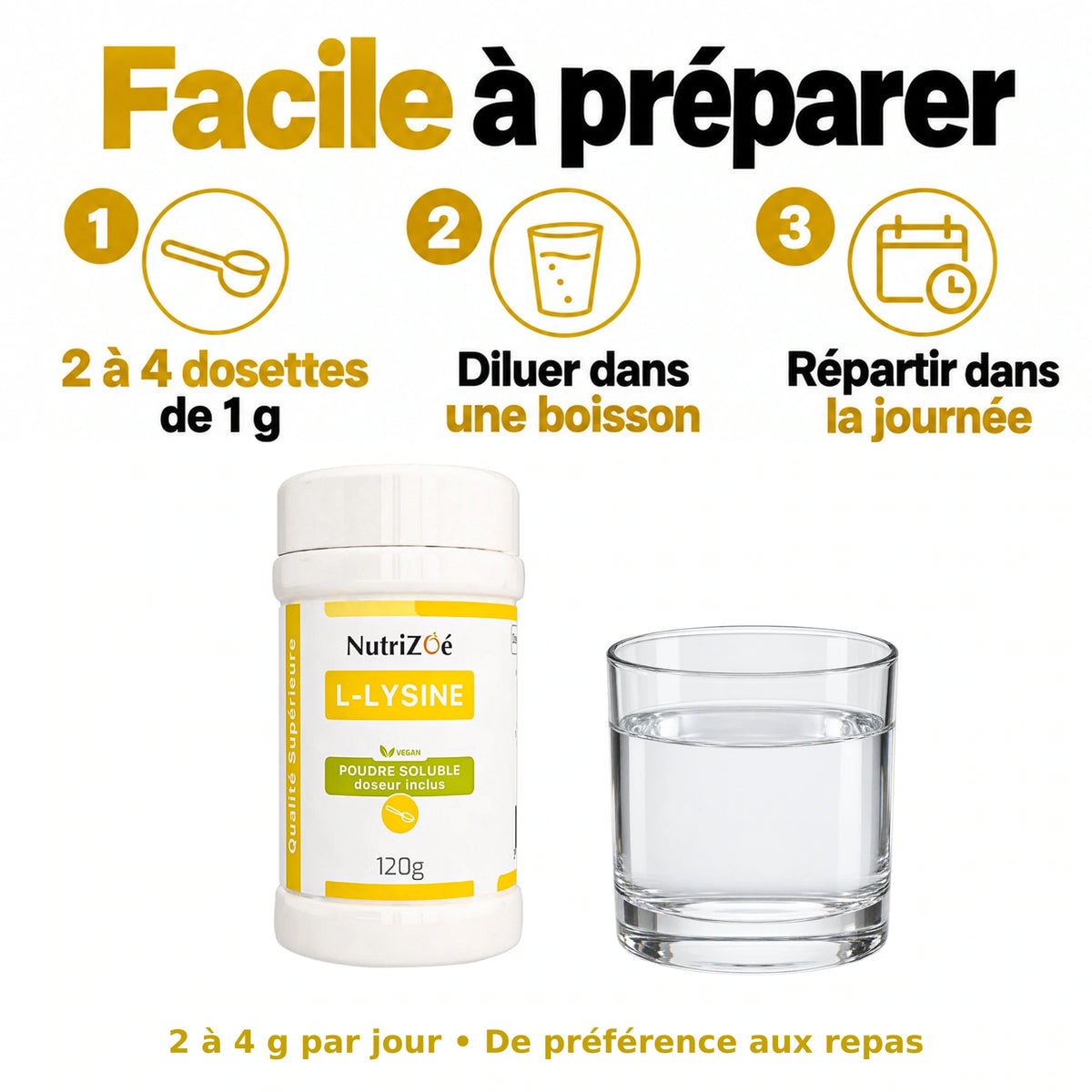 NutriZoé L-lysine powder. Directions for use and dosage advice.
