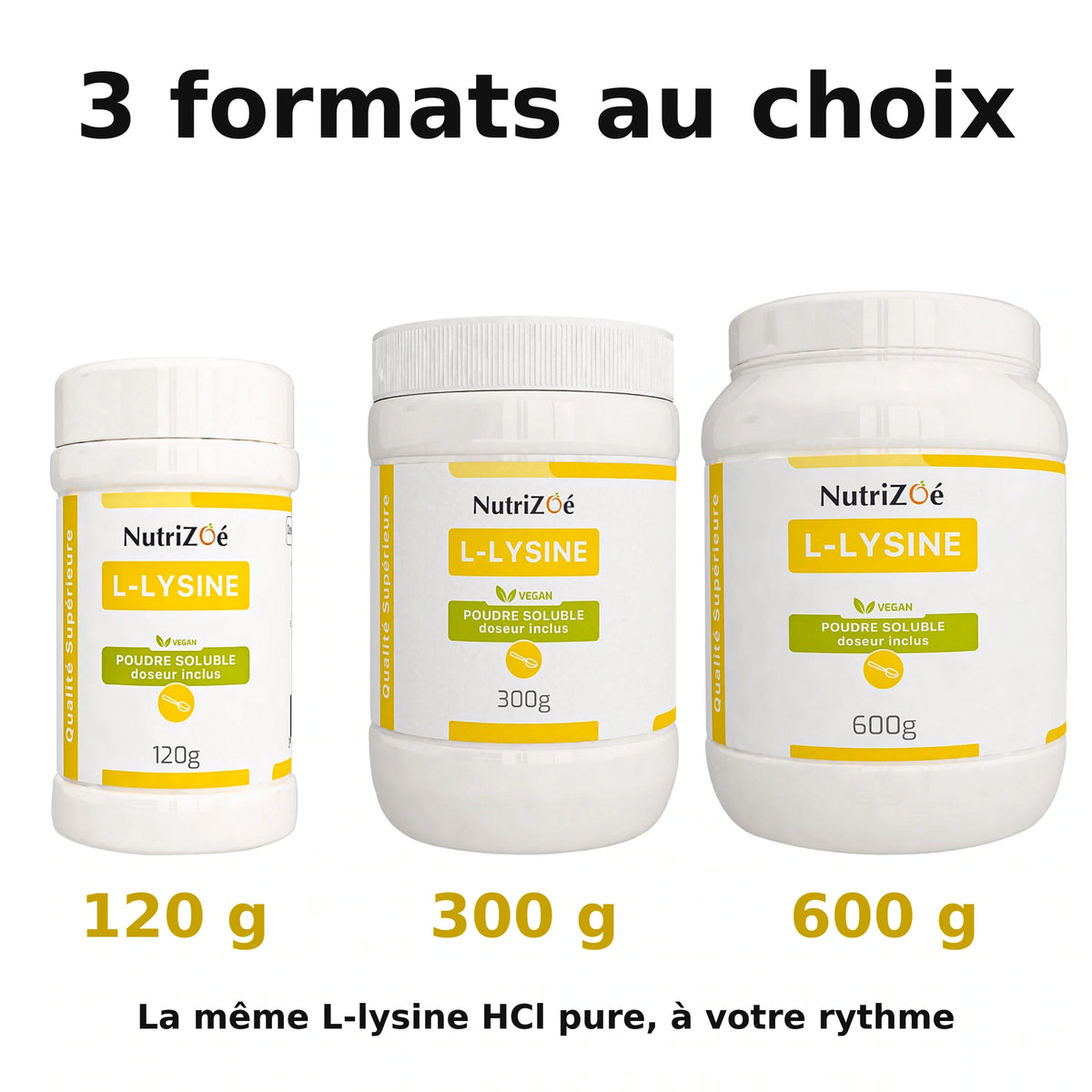 NutriZoé L-lysine powder. Comparison of the available sizes.