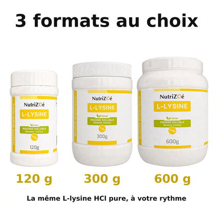 NutriZoé L-lysine powder. Comparison of the available sizes.