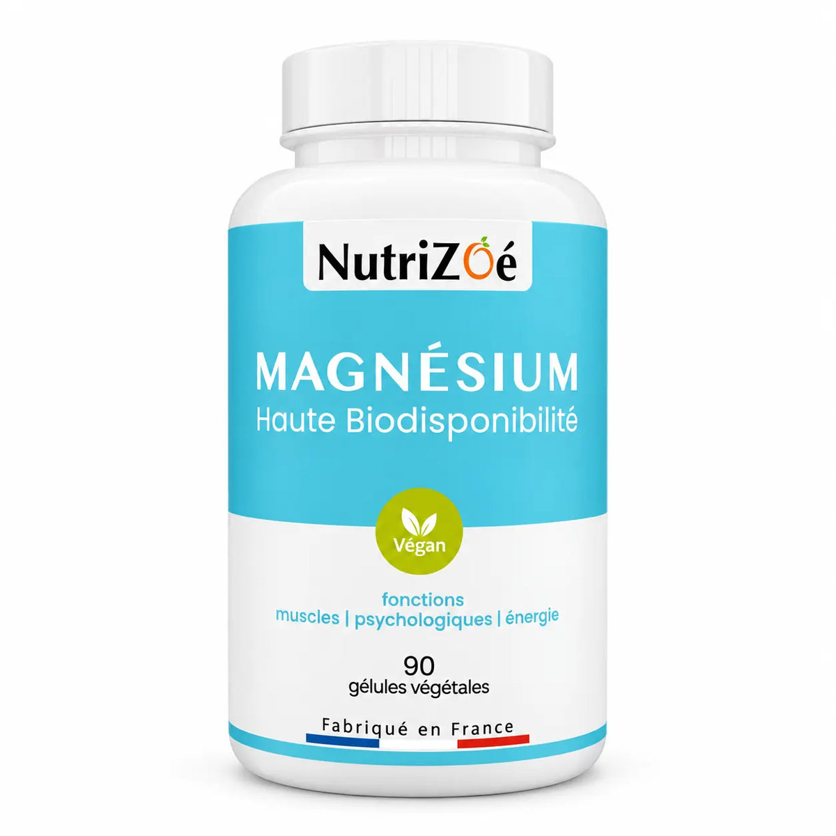 Magnésium citrate NutriZoé, flacon de 90 gélules végétales sur fond blanc.
