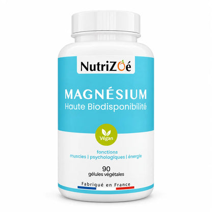 Magnésium citrate NutriZoé, flacon de 90 gélules végétales sur fond blanc.