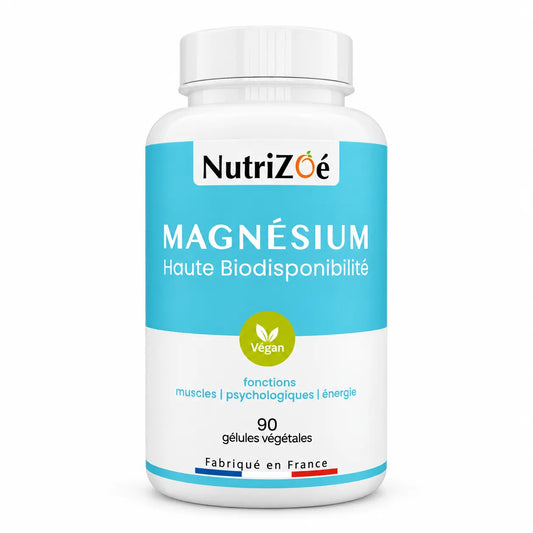 Magnésium citrate NutriZoé, flacon de 90 gélules végétales sur fond blanc.