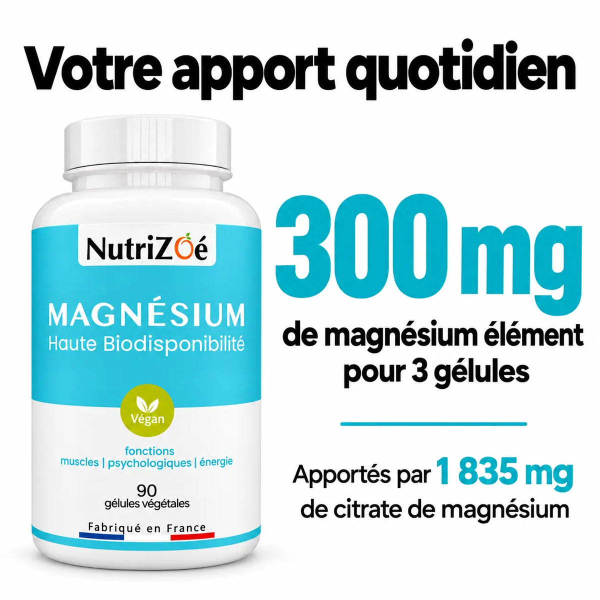 3 gélules apportent 300 mg de magnésium élément, issus de 1 835 mg de citrate de magnésium.