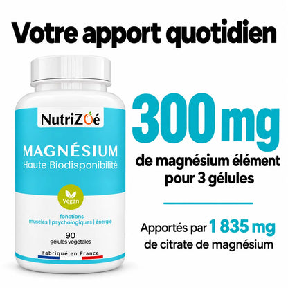 3 gélules apportent 300 mg de magnésium élément, issus de 1 835 mg de citrate de magnésium.