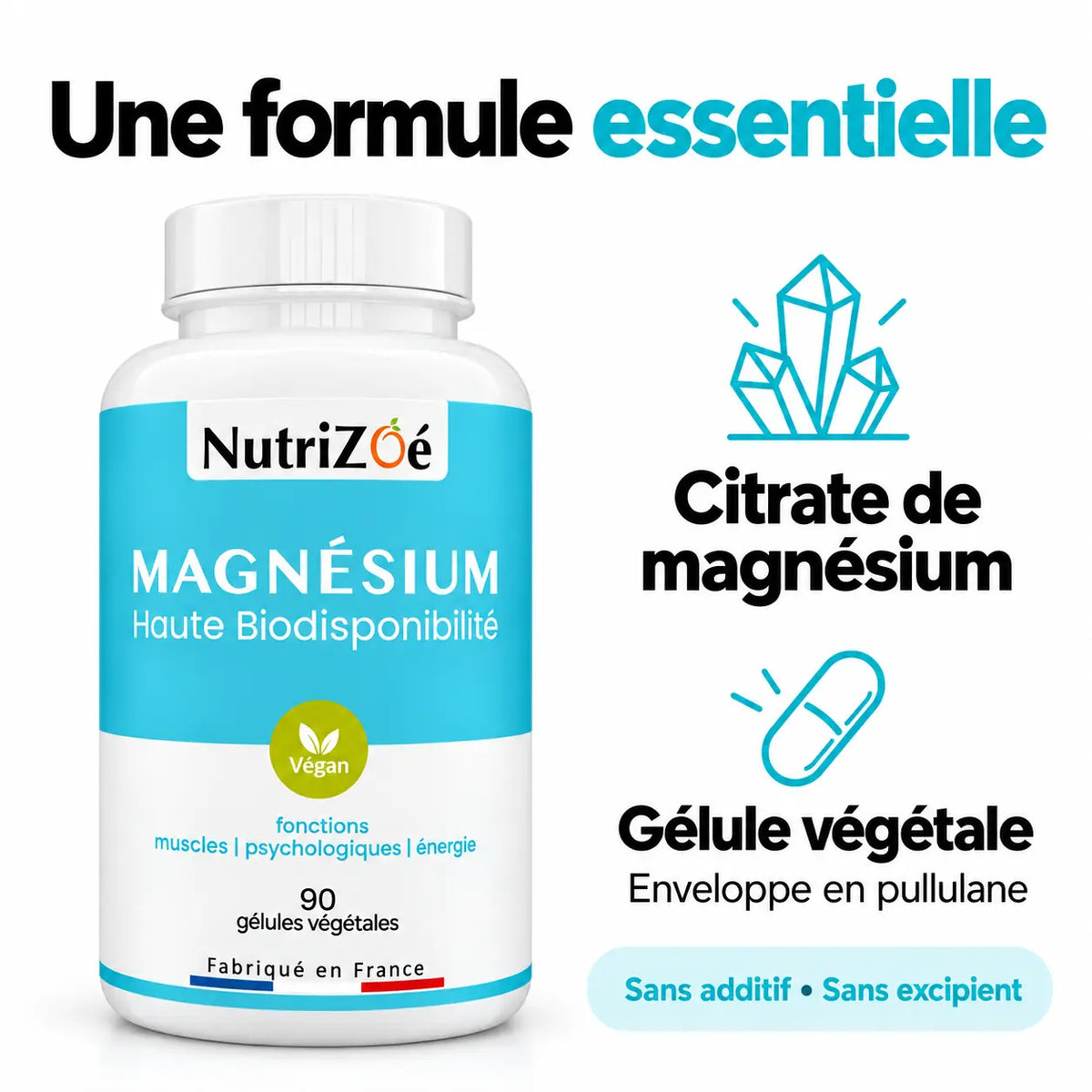 Citrate de magnésium et gélule végétale en pullulane, sans additif ni excipient.
