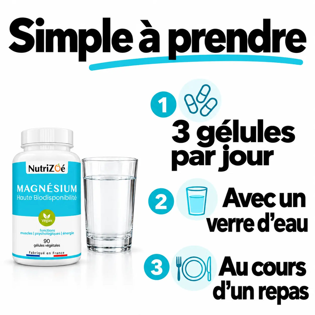 Prendre le magnésium citrate : 3 gélules par jour, avec un verre d’eau au cours d’un repas.