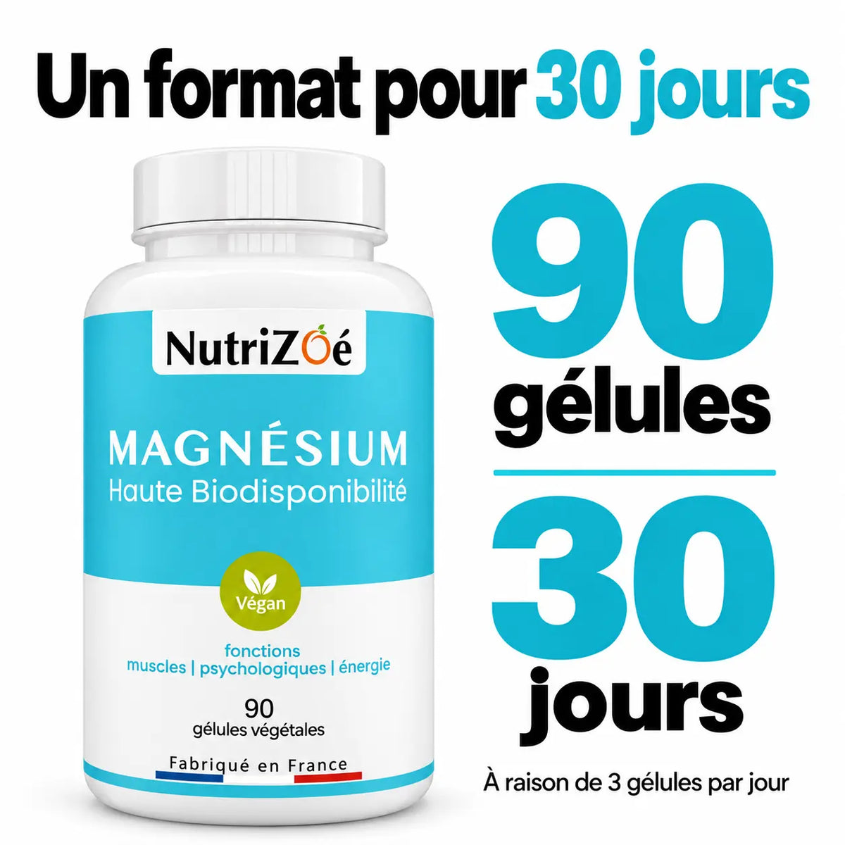 Un pilulier de 90 gélules de magnésium correspond à 30 jours, à raison de 3 gélules par jour.