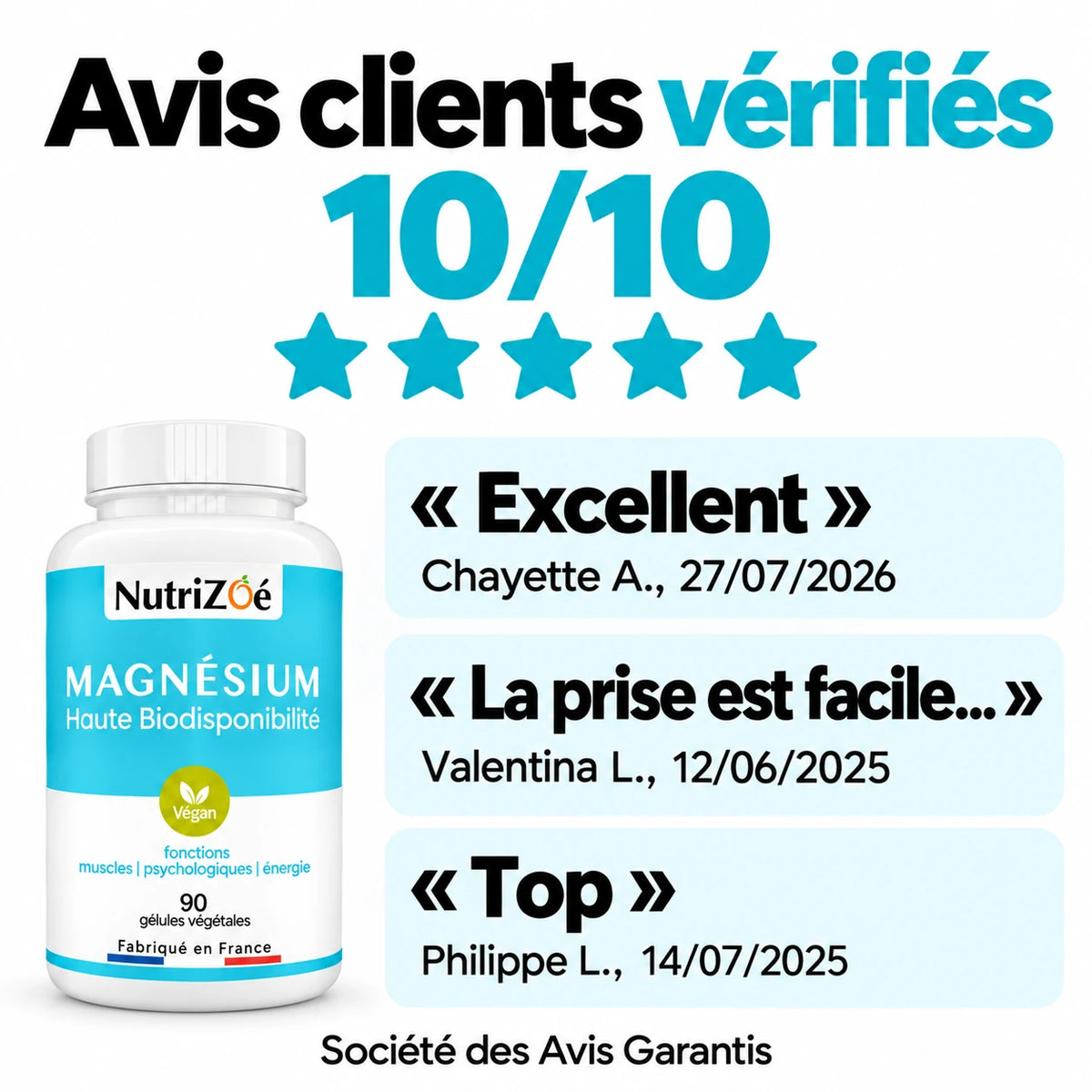 Magnésium citrate NutriZoé : note de 10/10 et témoignages vérifiés par la Société des Avis Garantis.