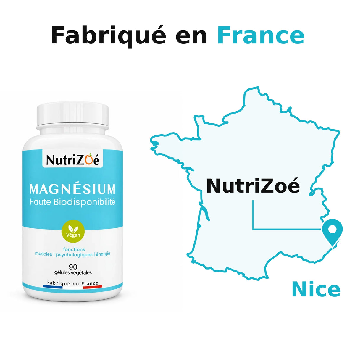 Magnésium citrate en gélules, fabriqué en France. NutriZoé à Nice, avec une épingle de localisation sur la carte de France continentale.