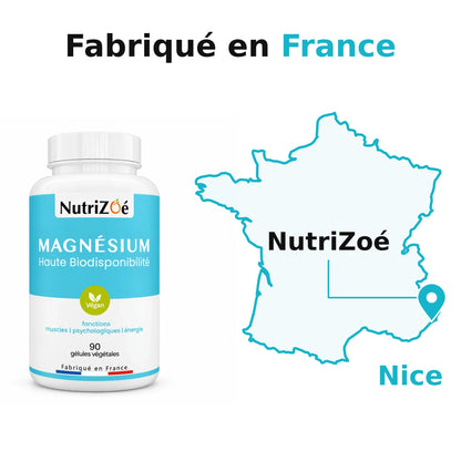 Magnésium citrate en gélules, fabriqué en France. NutriZoé à Nice, avec une épingle de localisation sur la carte de France continentale.