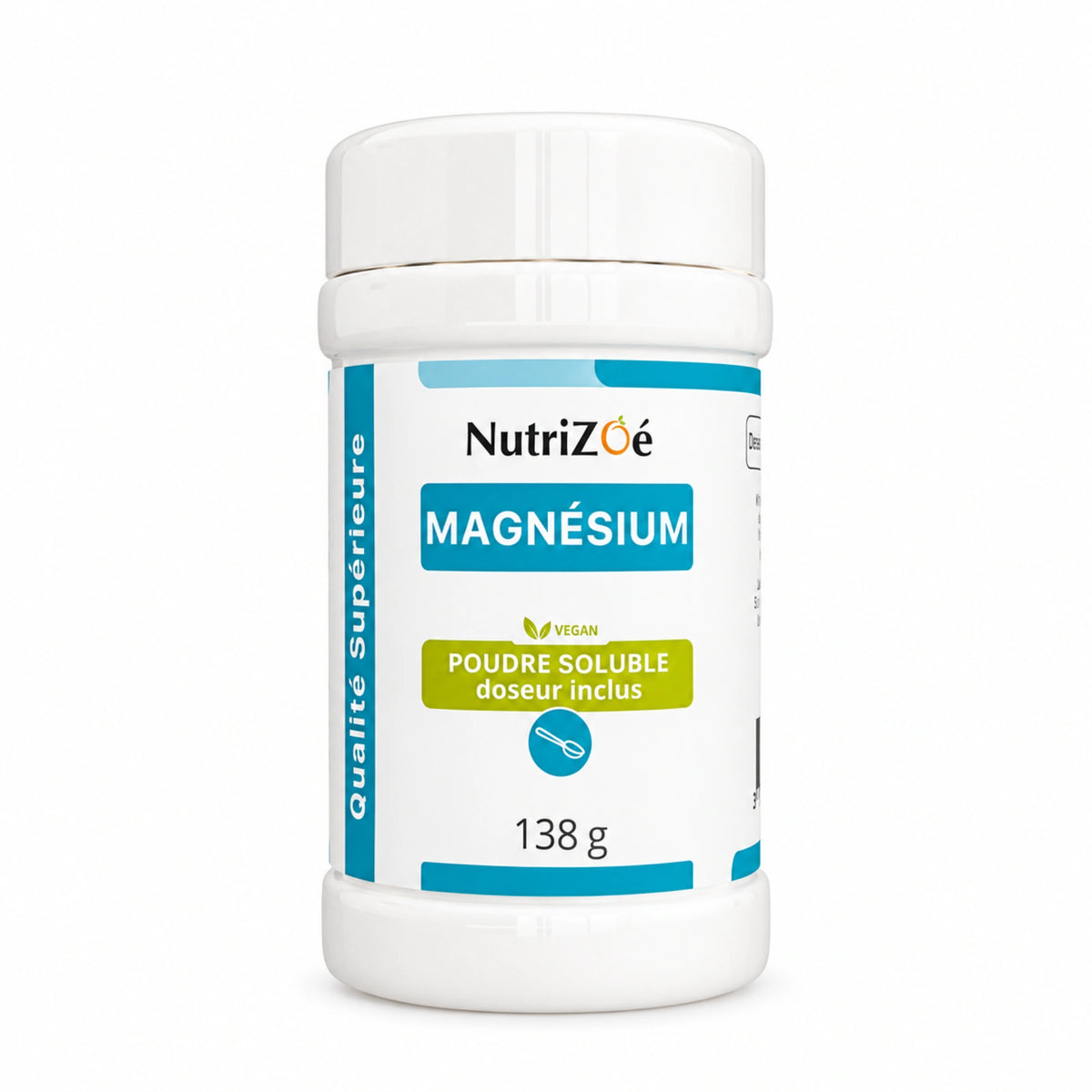 NutriZoé magnesium citrate, 138 g jar on a white background.