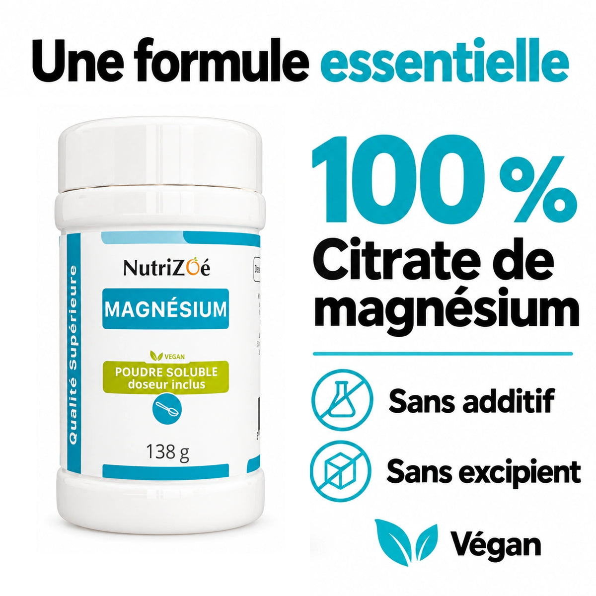 100% magnesium citrate, vegan, with no additives or excipients.