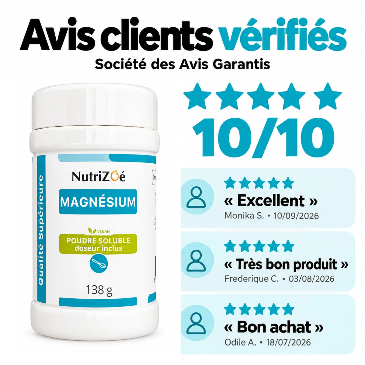 Verified customer reviews of magnesium powder: rated 10/10, Société des Avis Garantis.