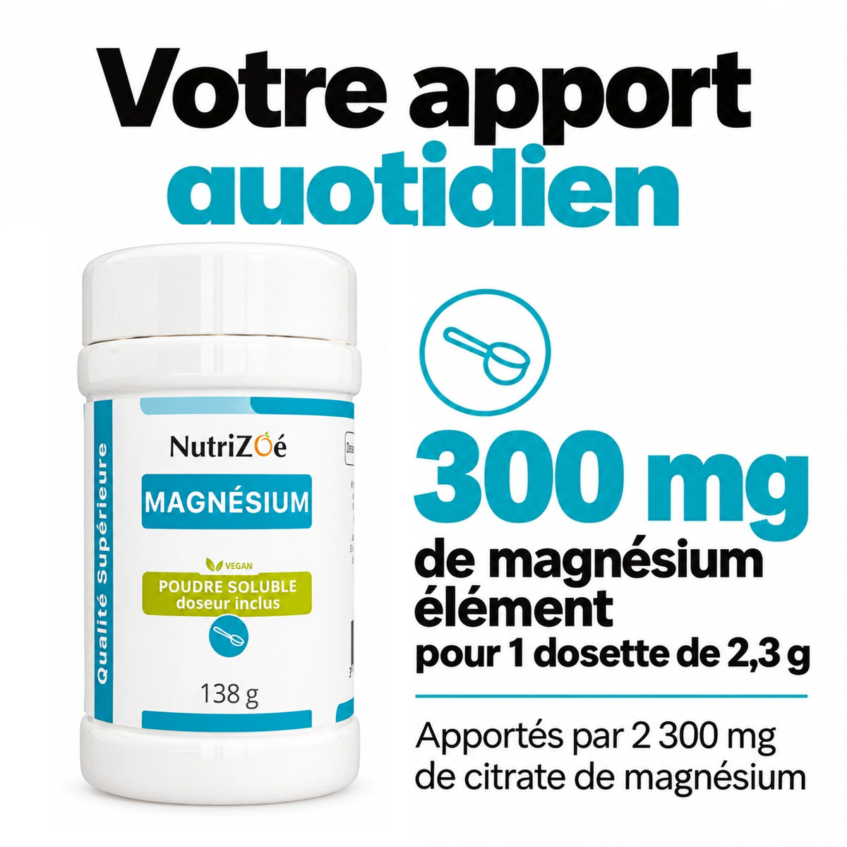 300 mg of elemental magnesium per 2.3 g scoop of magnesium citrate.