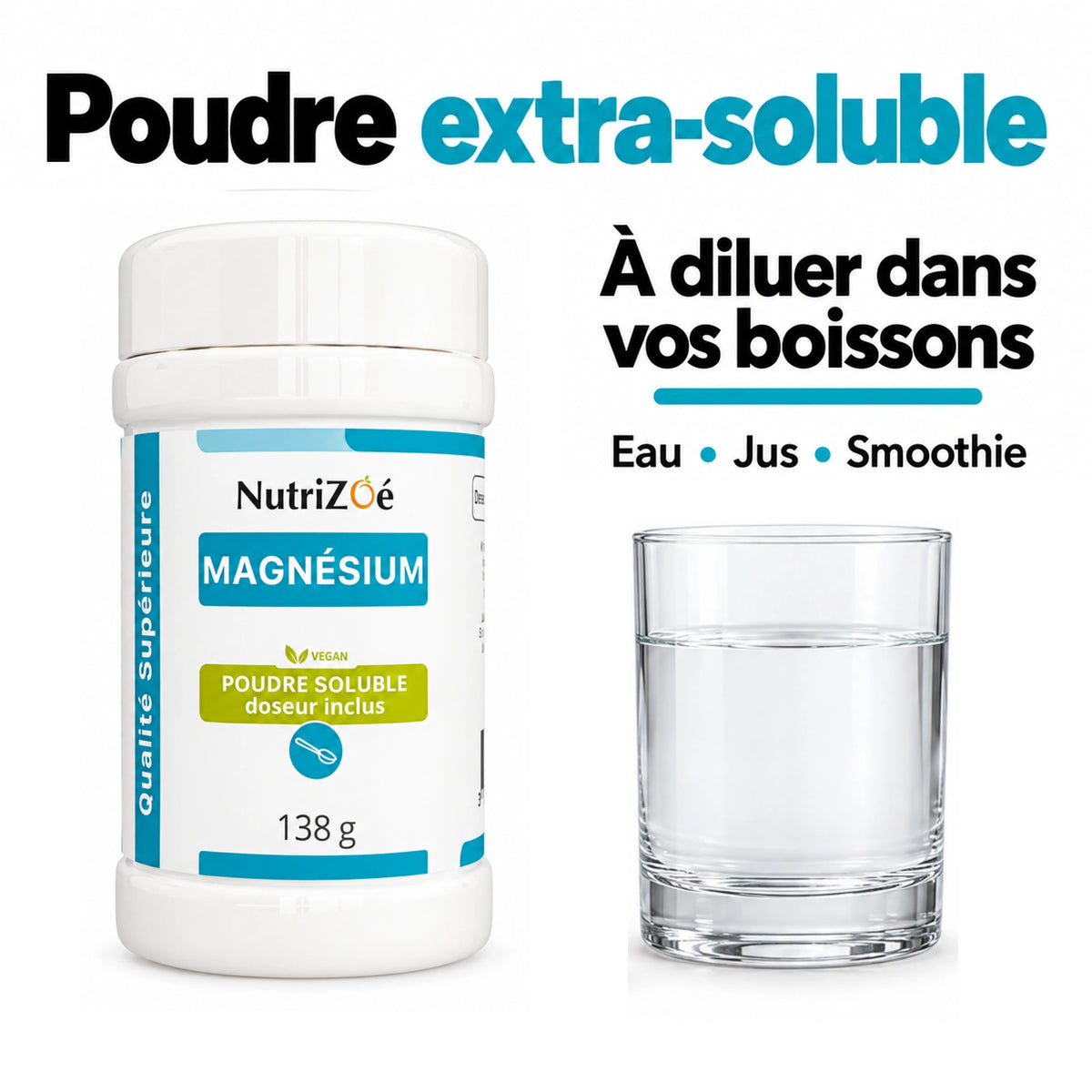Highly soluble magnesium powder to dissolve in water, juice or a smoothie.