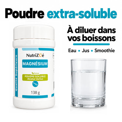 Highly soluble magnesium powder to dissolve in water, juice or a smoothie.
