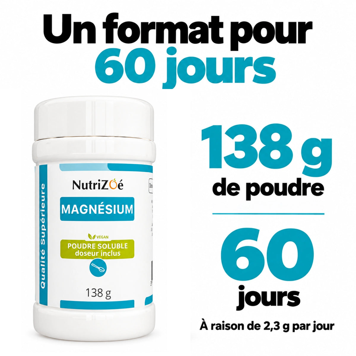 138 g jar of magnesium, i.e. 60 days at 2.3 g a day.