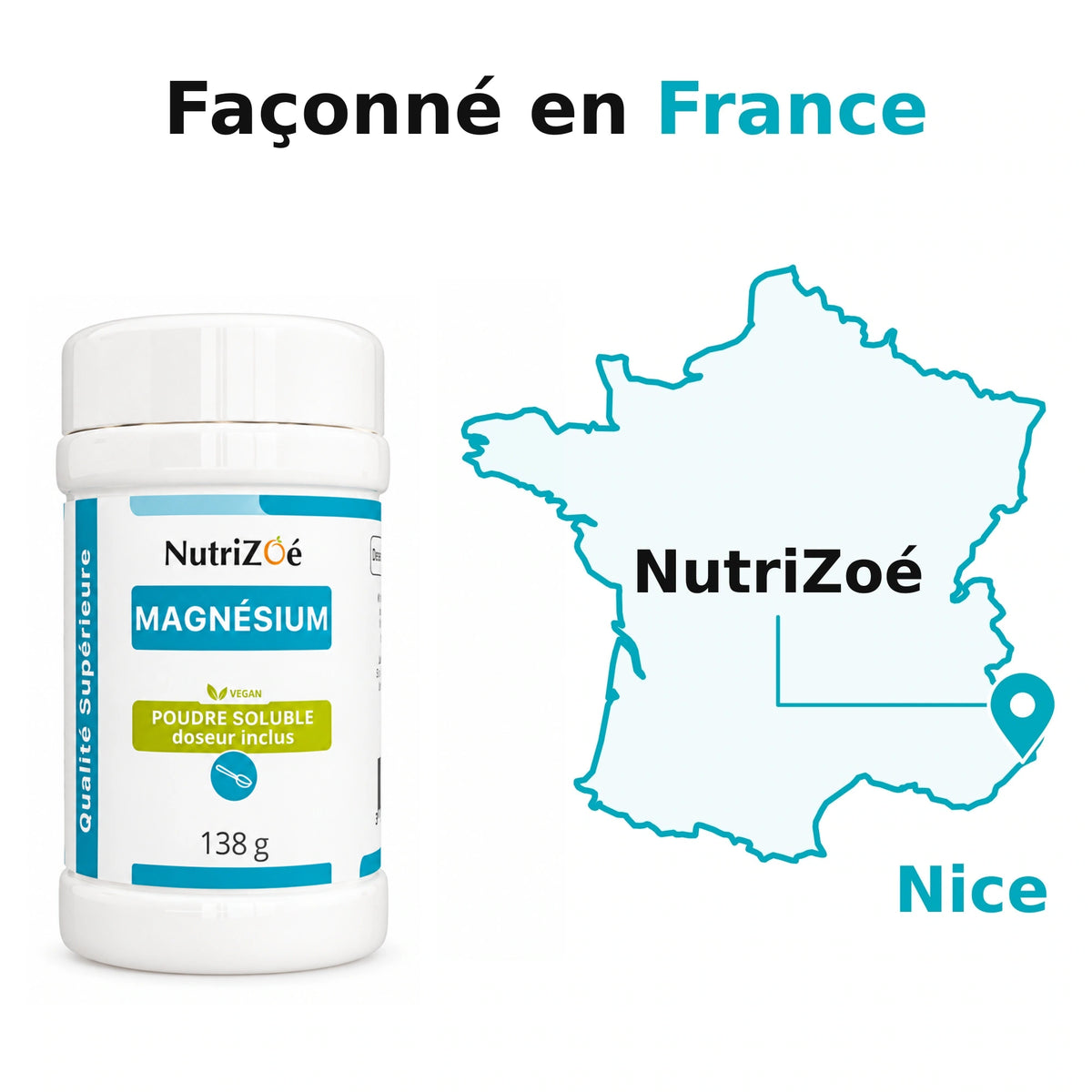 NutriZoé magnesium powder 138 g, packed in France, in Nice.