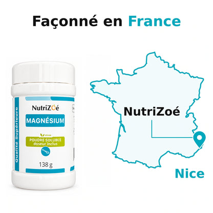 NutriZoé magnesium powder 138 g, packed in France, in Nice.