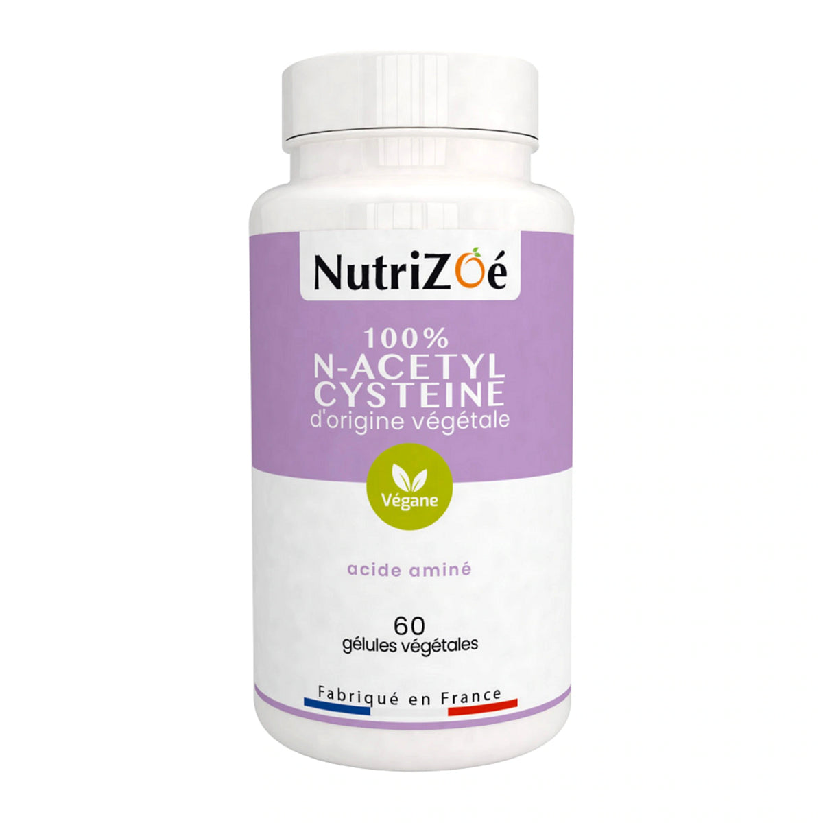 NutriZoé N-acetyl cysteine capsules, jar of 60 capsules on a white background.