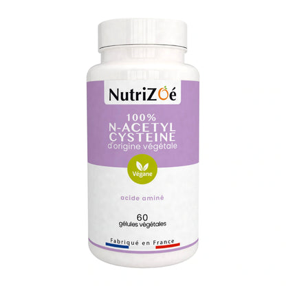 NutriZoé N-acetyl cysteine capsules, jar of 60 capsules on a white background.