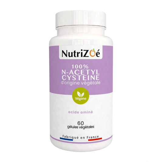 N-acétyl-cystéine en gélules NutriZoé, pot de 60 gélules sur fond blanc.