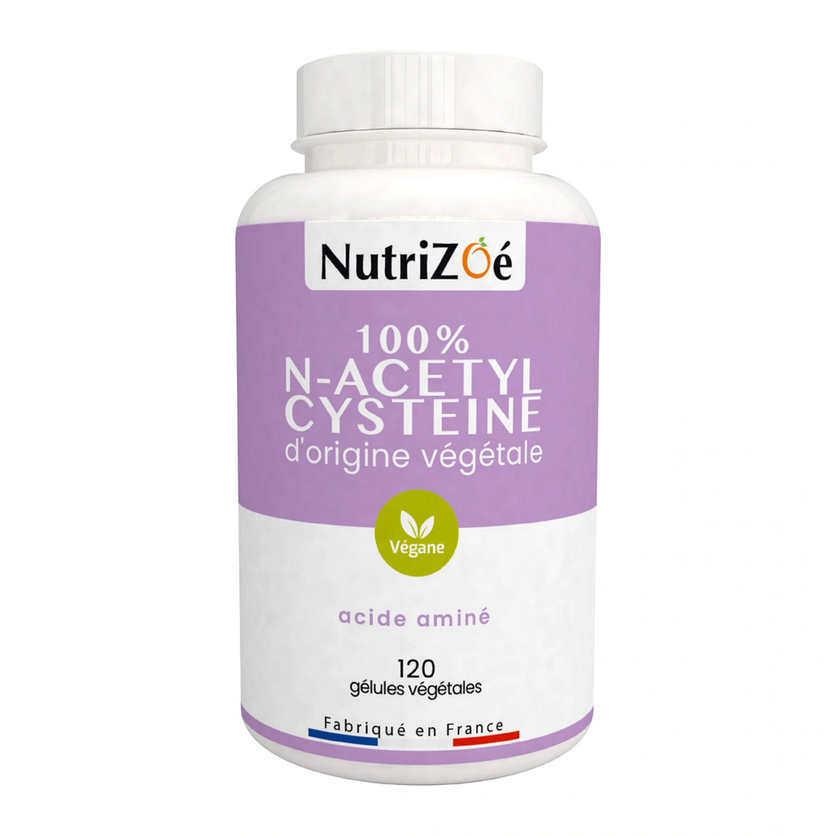 NutriZoé N-acetyl cysteine capsules, jar of 120 capsules on a white background.