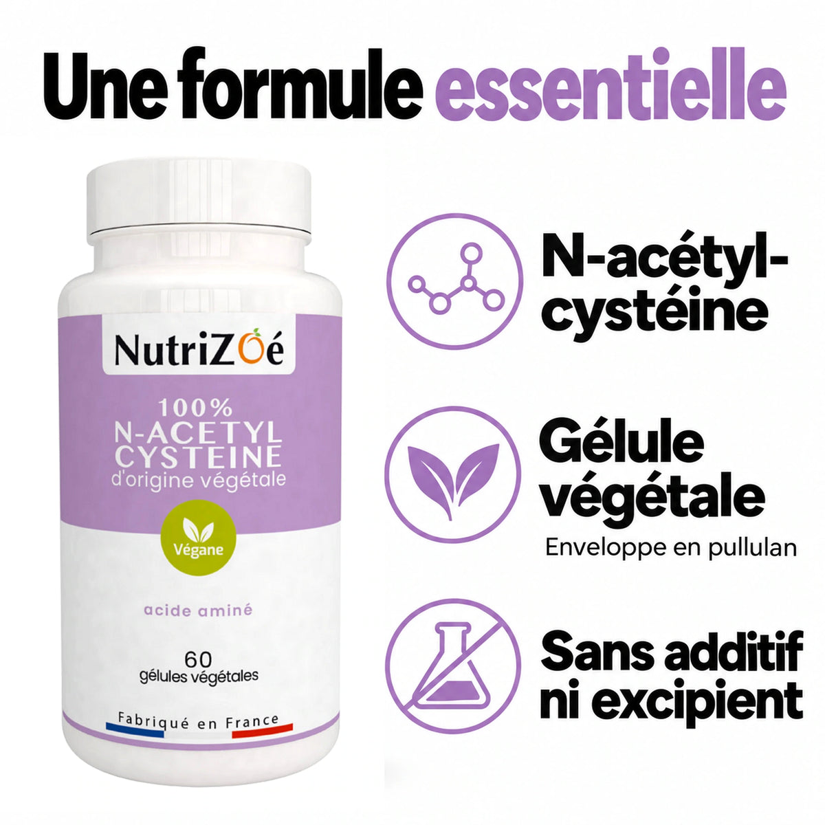 NutriZoé N-acetyl cysteine capsules. Product composition and purity.