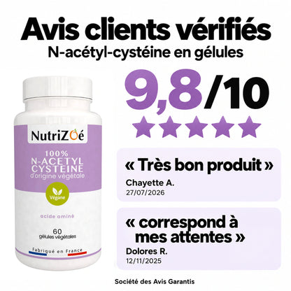 NutriZoé N-acetyl cysteine capsules. Customer reviews verified by Société des Avis Garantis. Rated 9.8/10.