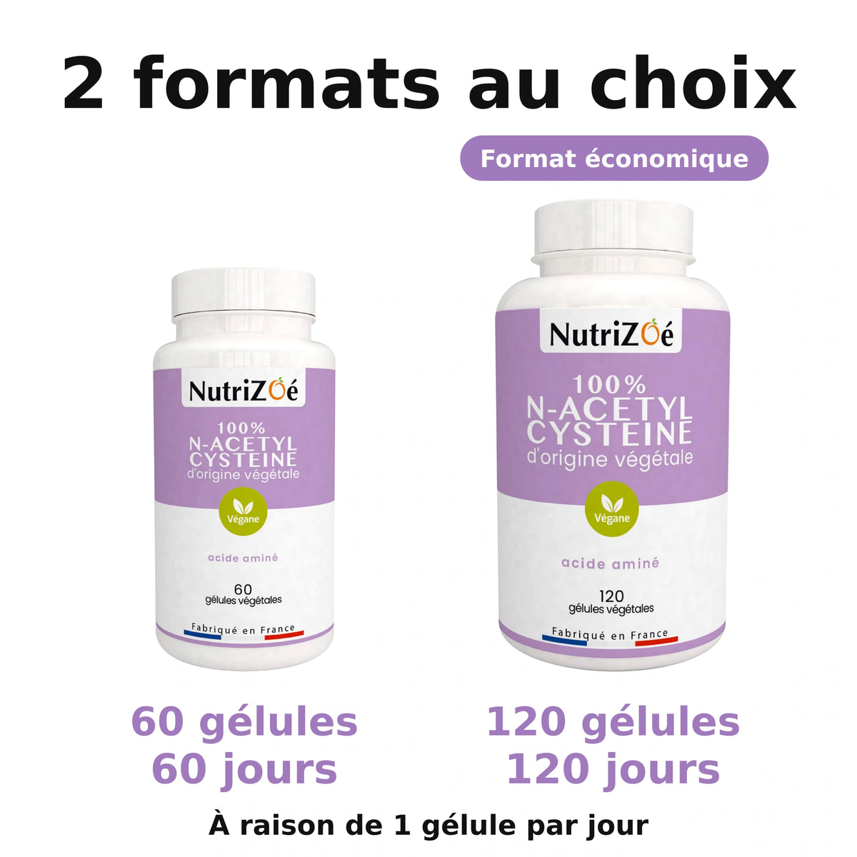 NutriZoé N-acetyl cysteine capsules. Comparison of the available sizes.