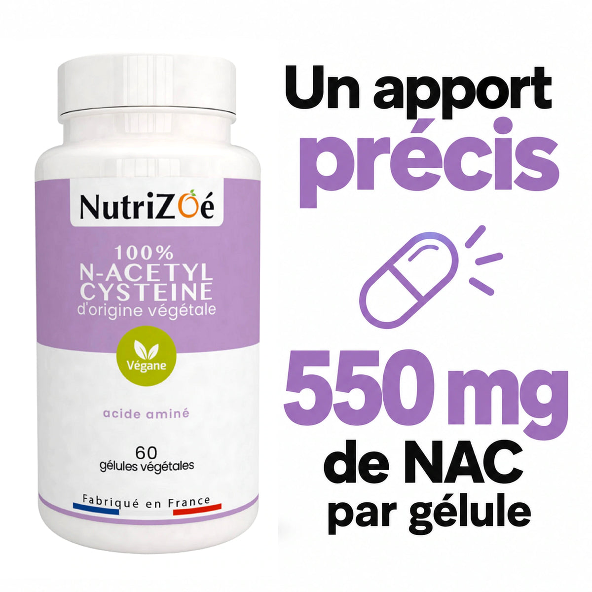 NutriZoé N-acetyl cysteine capsules. Amount provided by the daily dose.