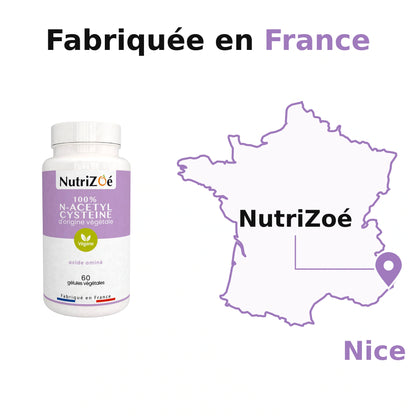 NutriZoé N-acetyl cysteine capsules. NutriZoé in Nice, on a map of mainland France. Made in France.