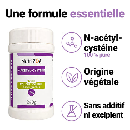 NAC en poudre : 100 % N-acétyl-cystéine d’origine végétale, sans additif ni excipient.