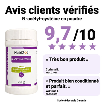 Avis clients vérifiés NAC poudre : note calculée de 9,7/10 et témoignages issus de la Société des Avis Garantis.