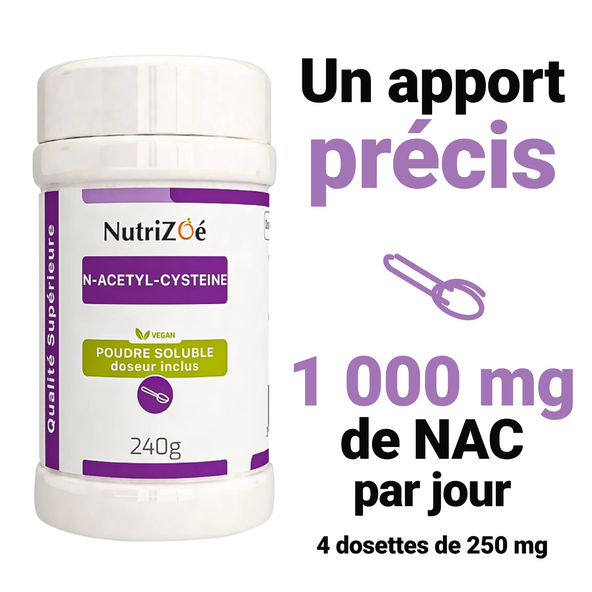 4 dosettes par jour, soit 1 000 mg de NAC en poudre NutriZoé. Chaque dosette apporte 250 mg.