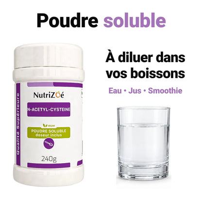 NAC en poudre soluble à diluer dans l’eau, un jus ou un smoothie.