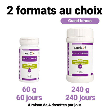 NAC en poudre NutriZoé : pot de 60 g pour 60 jours ou pot de 240 g pour 240 jours, à raison de 4 dosettes de 250 mg par jour.
