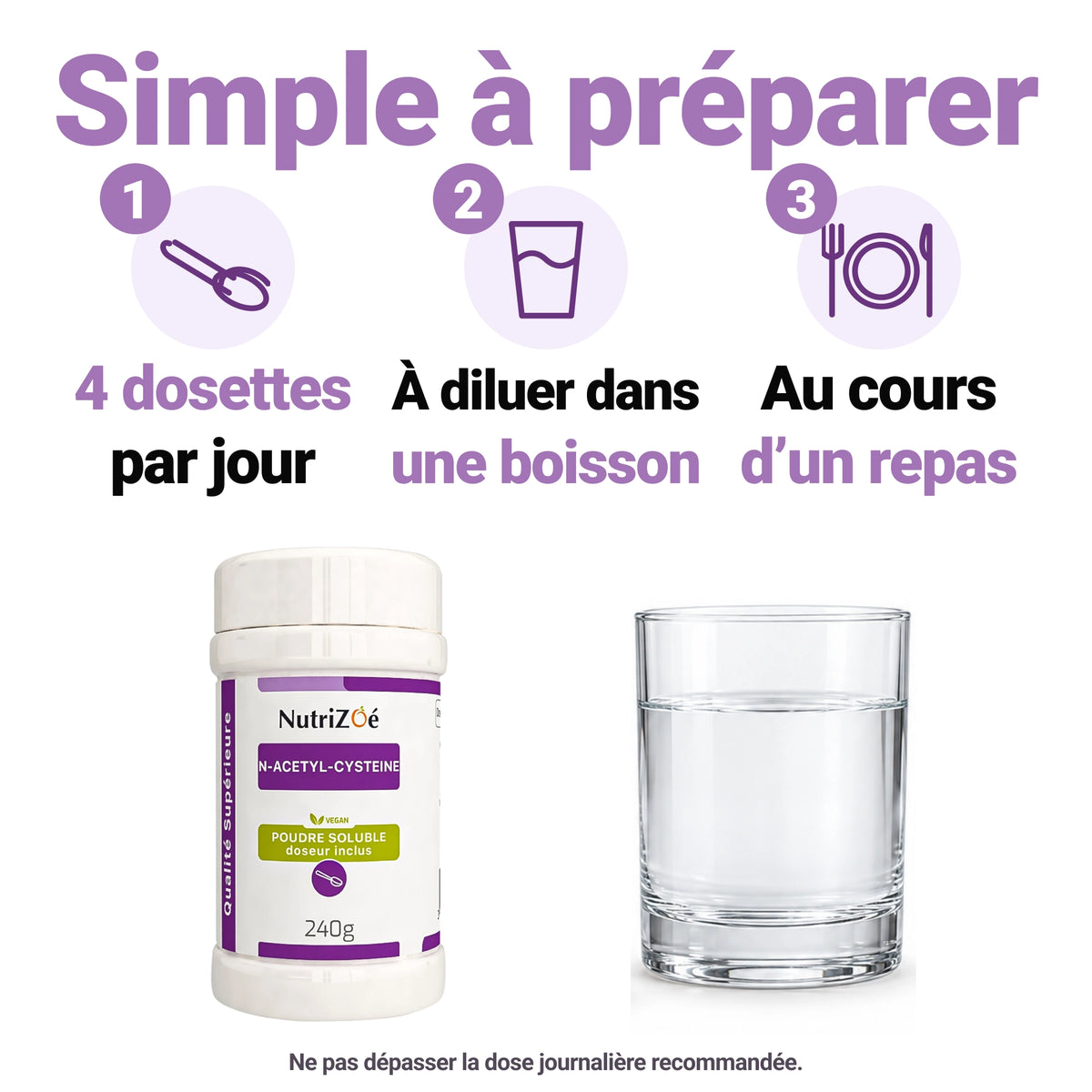 Pot de NAC en poudre 240 g : 4 dosettes par jour, à diluer dans une boisson et à prendre au cours d’un repas.