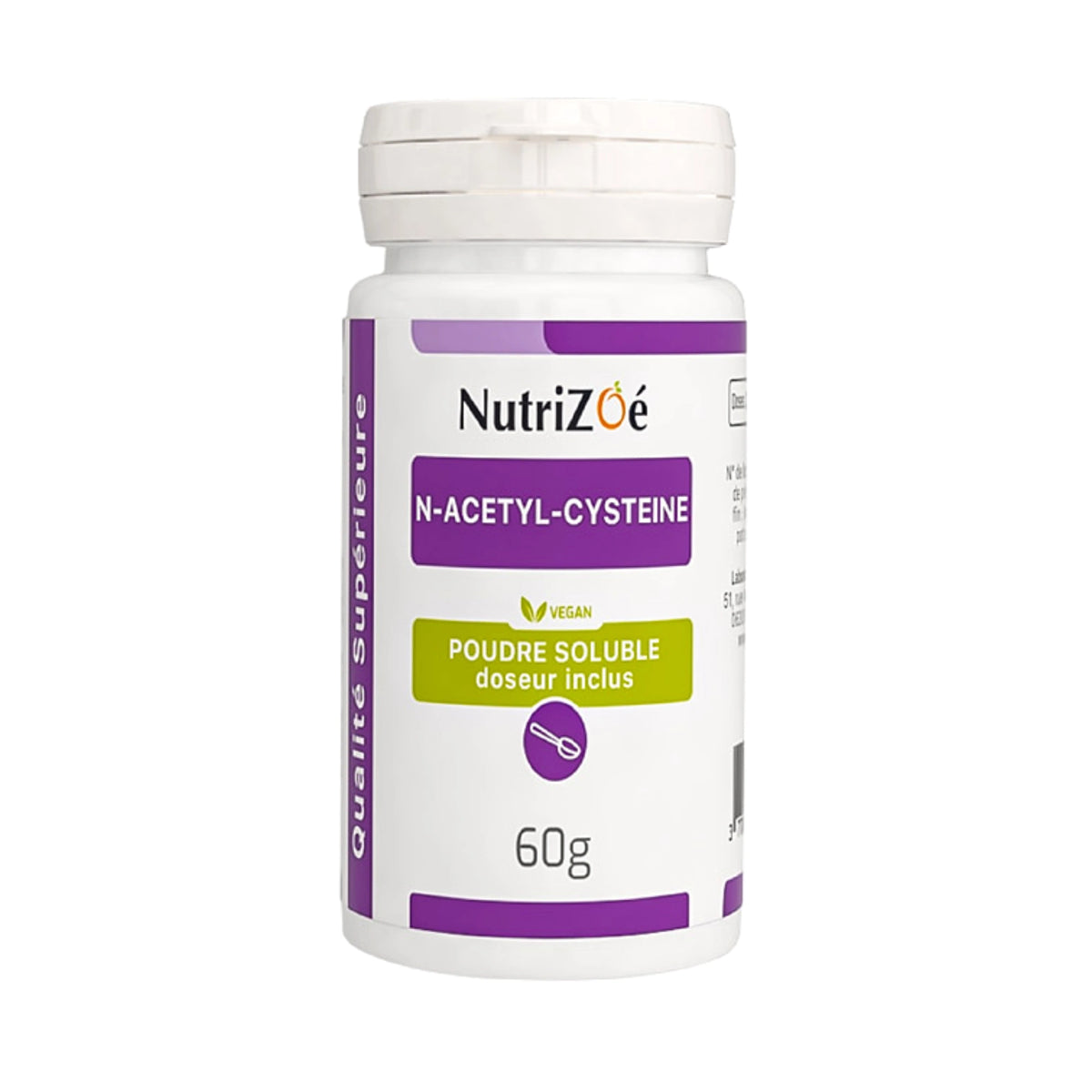 NAC en poudre NutriZoé, pot de 60 g sur fond blanc.