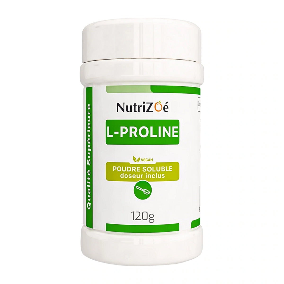 NutriZoé L-proline powder, 120 g jar on a white background.