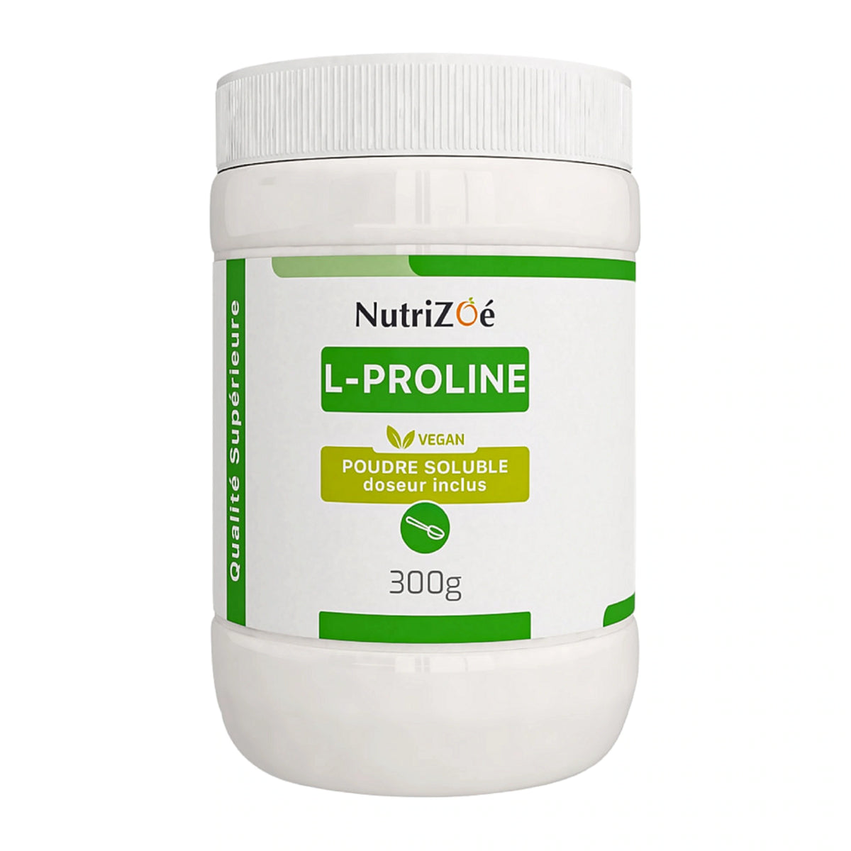 NutriZoé L-proline powder, 300 g jar on a white background.