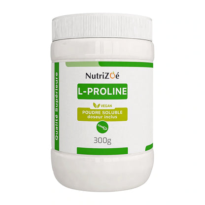 NutriZoé L-proline powder, 300 g jar on a white background.