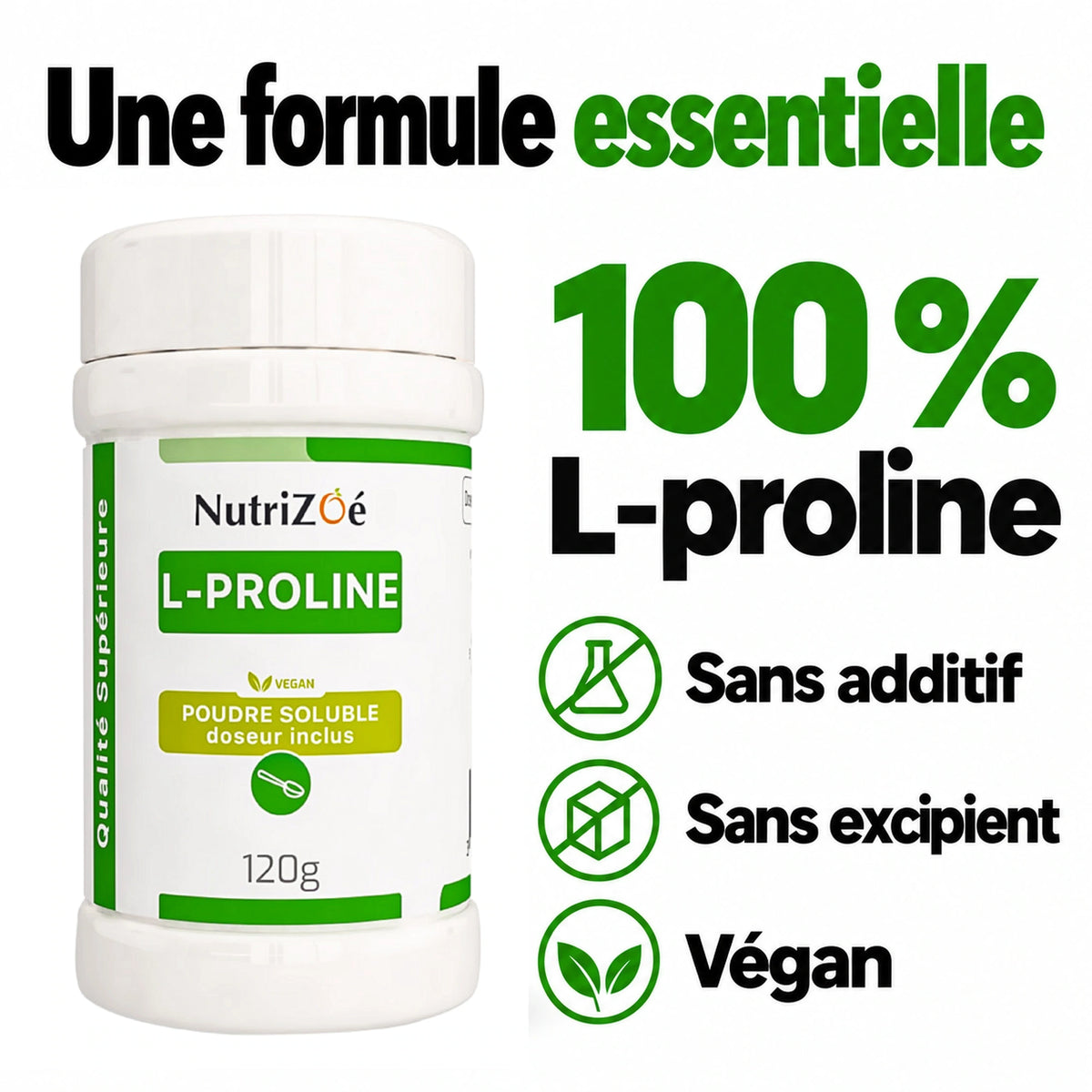 NutriZoé L-proline powder. Product composition and purity.