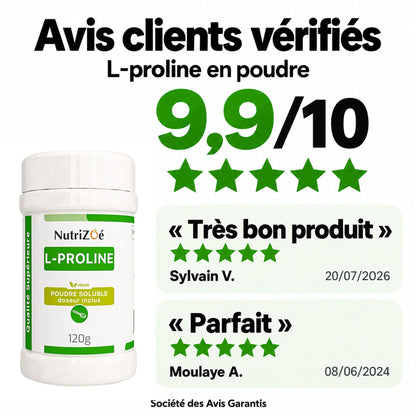 NutriZoé L-proline powder. Customer reviews verified by Société des Avis Garantis. Rated 9.9/10.