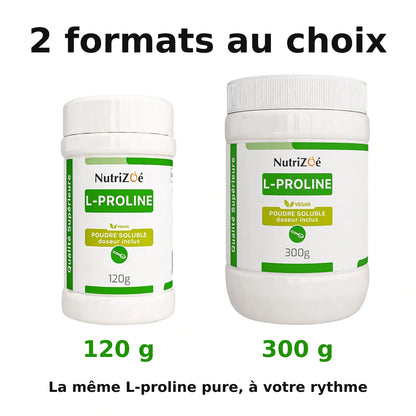 NutriZoé L-proline powder. Comparison of the available sizes.