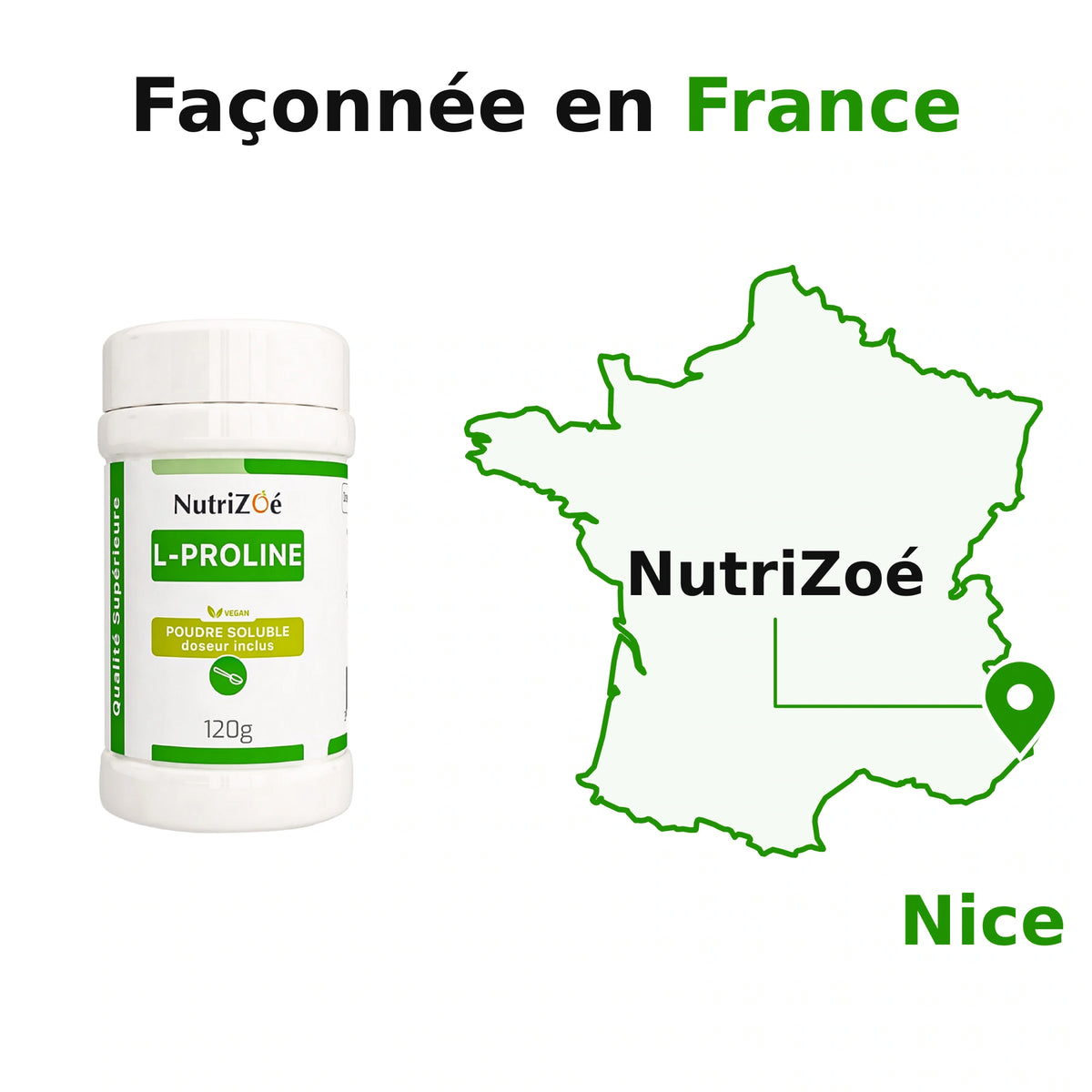 NutriZoé L-proline powder. NutriZoé in Nice, on a map of mainland France. Packed in France.