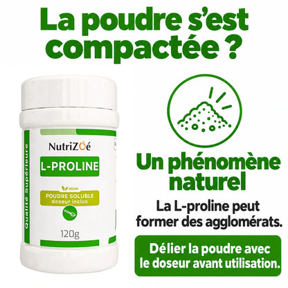 NutriZoé L-proline powder. Natural texture of the powder and use of the measuring scoop.