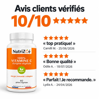 Avis clients vérifiés sur la vitamine C en gélules NutriZoé : top pratique, bonne qualité et parfait, je recommande