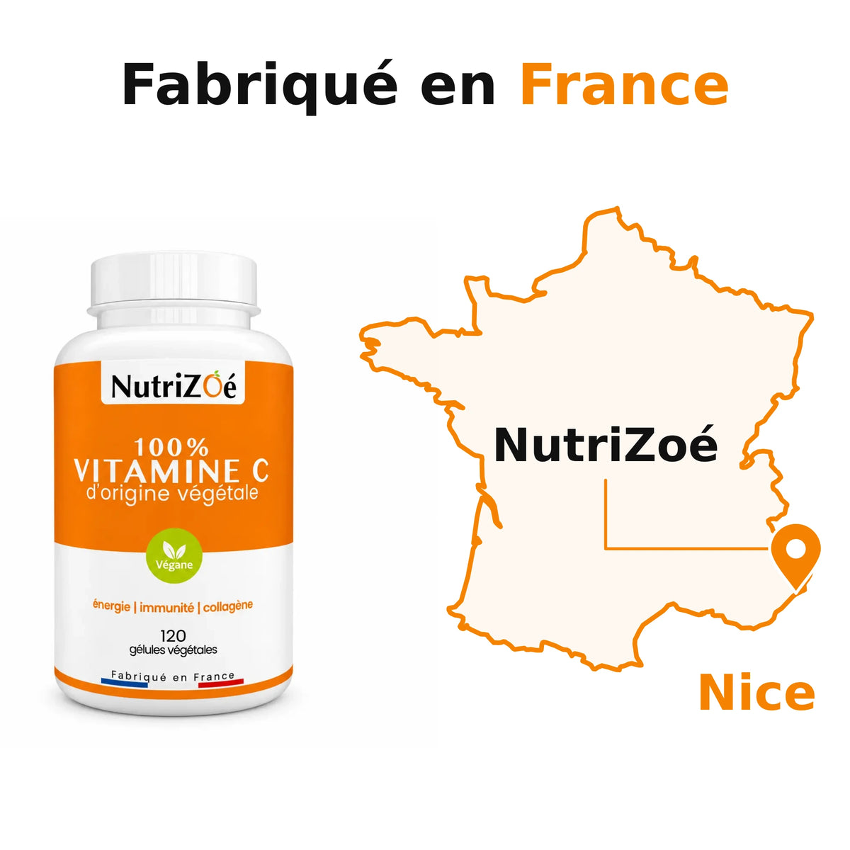Vitamine C en gélules, fabriqué en France. NutriZoé à Nice, avec une épingle de localisation sur la carte de France continentale.