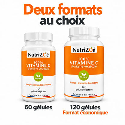 Deux formats de vitamine C NutriZoé : 60 gélules et format économique de 120 gélules